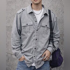 Stylish Men's Civil Society We the People Gray Striped Button Down Shirt